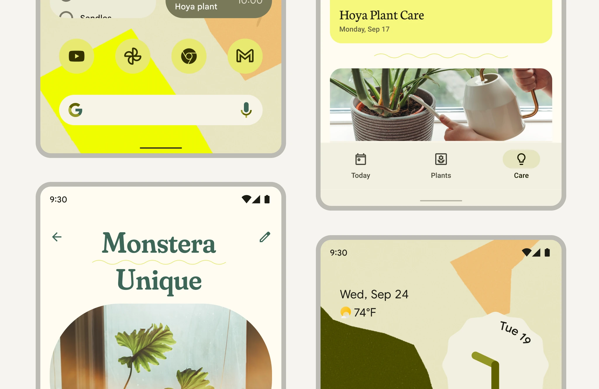 A user-generated color scheme can flow through apps that use a custom theme. collage of views of a mobile UI that show a user's setting and preference for
a green primary color flows through system UI
harmoniously